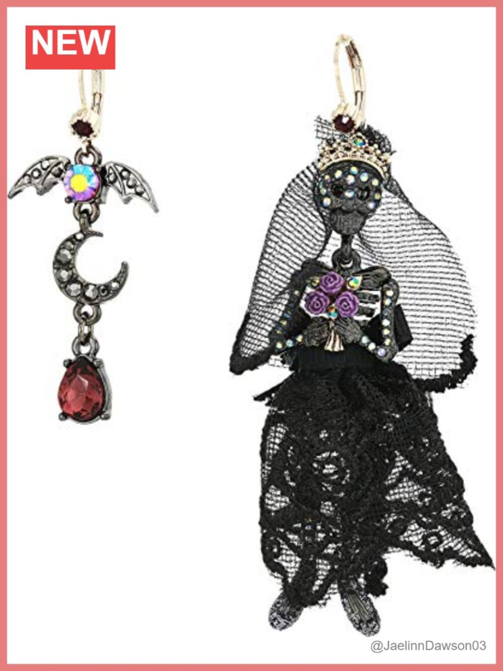Mismatched Skull Bride Bat Dangle Earrings 18K Stainless Steel